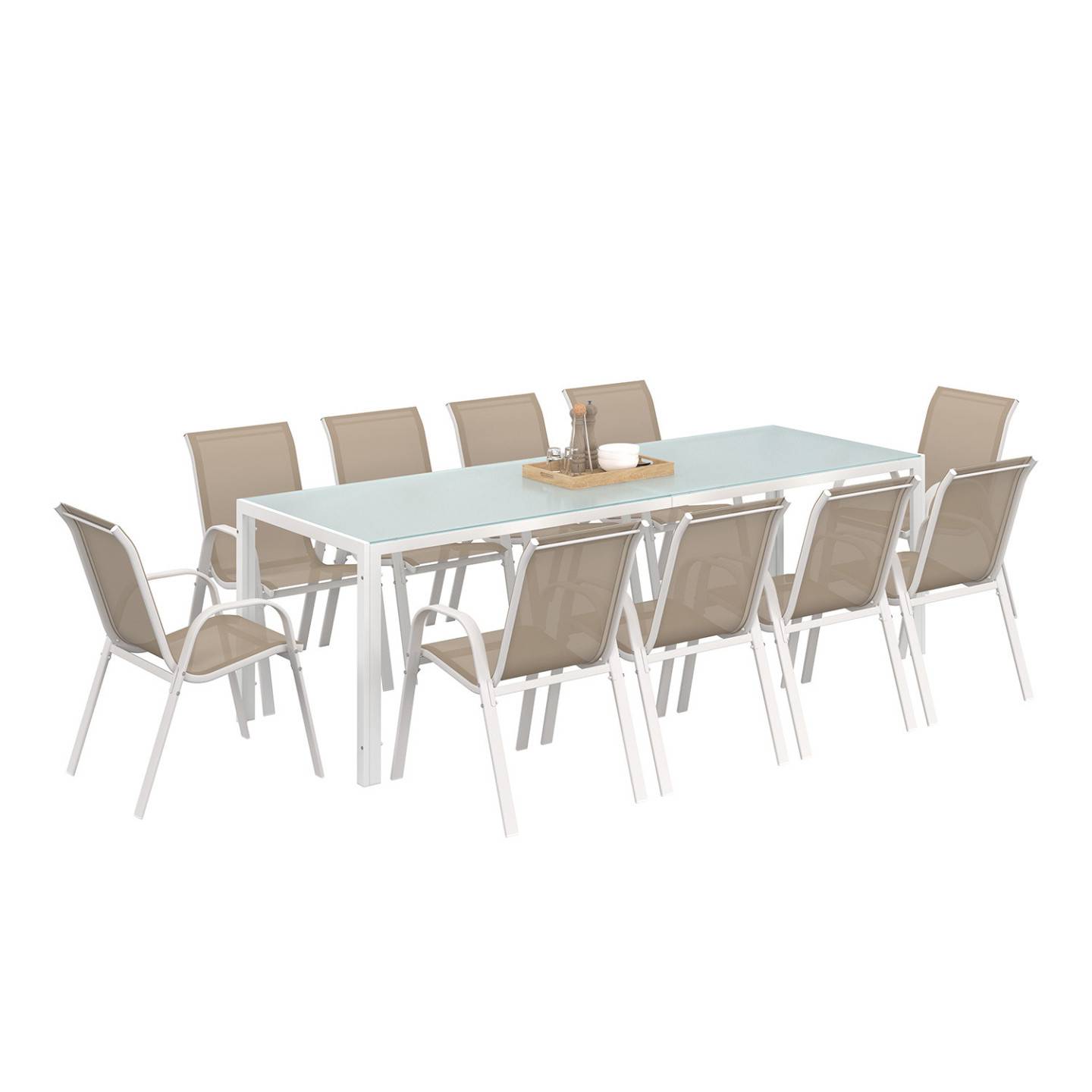Salon de jardin MADRID table 240 CM et 10 chaises empilables blanc et beige - Image 2