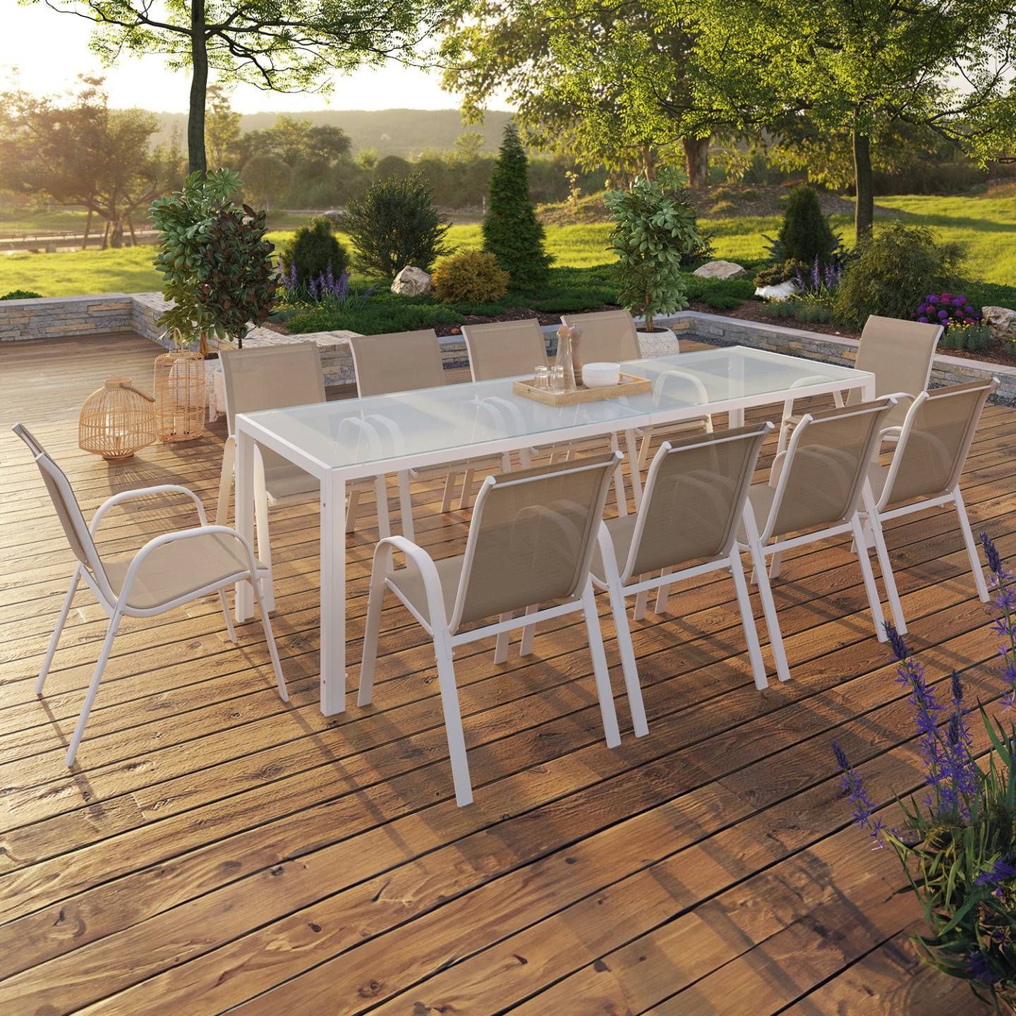 Salon de jardin MADRID table 240 CM et 10 chaises empilables blanc et beige - Image 1