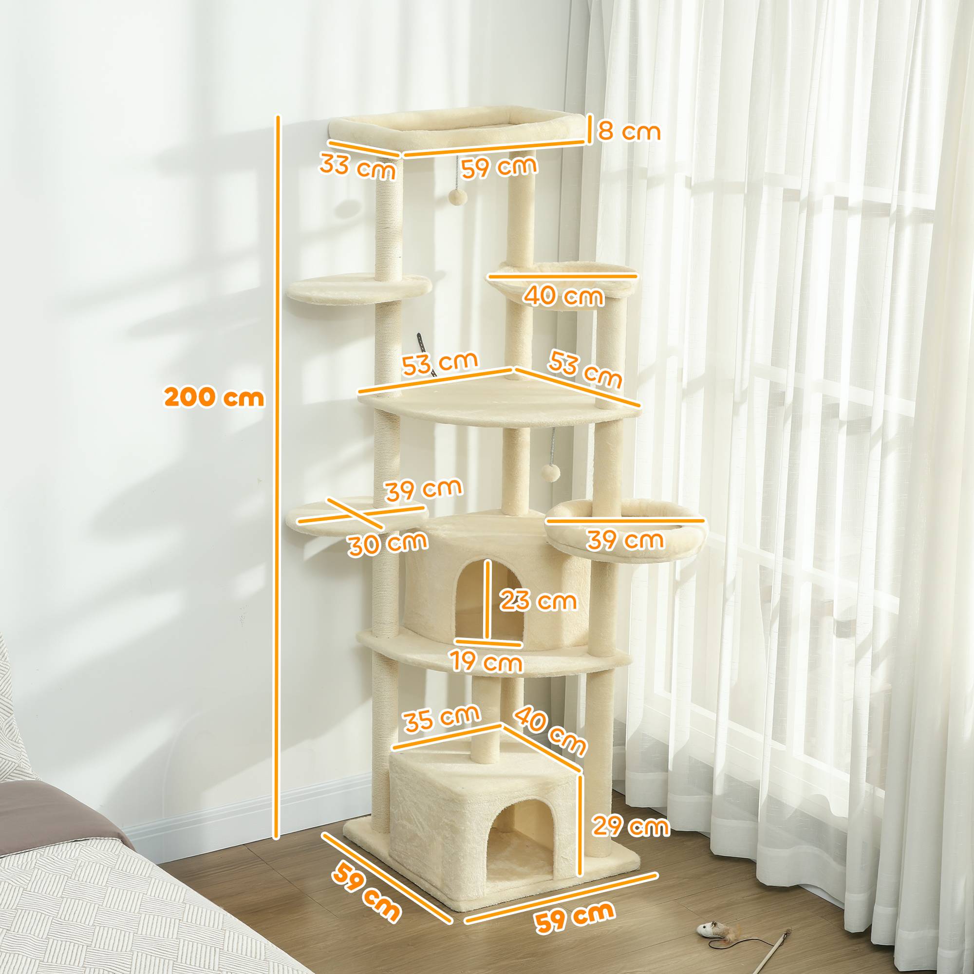 Arbre à chat bois peluche pour multi-chats tour géante avec hamac 200cm beige - ComfortXL Outdoor Living - Image 5