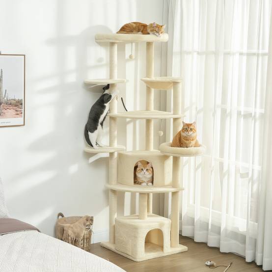 Arbre à chat bois peluche pour multi-chats tour géante avec hamac 200cm beige - ComfortXL Outdoor Living - Image 3