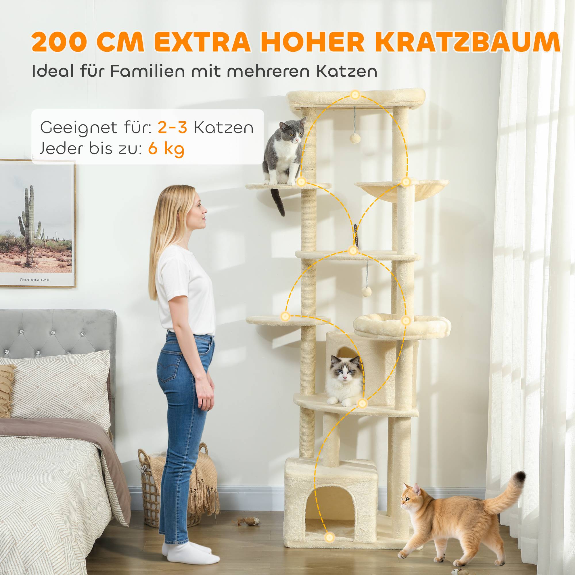 Arbre à chat bois peluche pour multi-chats tour géante avec hamac 200cm beige - ComfortXL Outdoor Living - Image 6