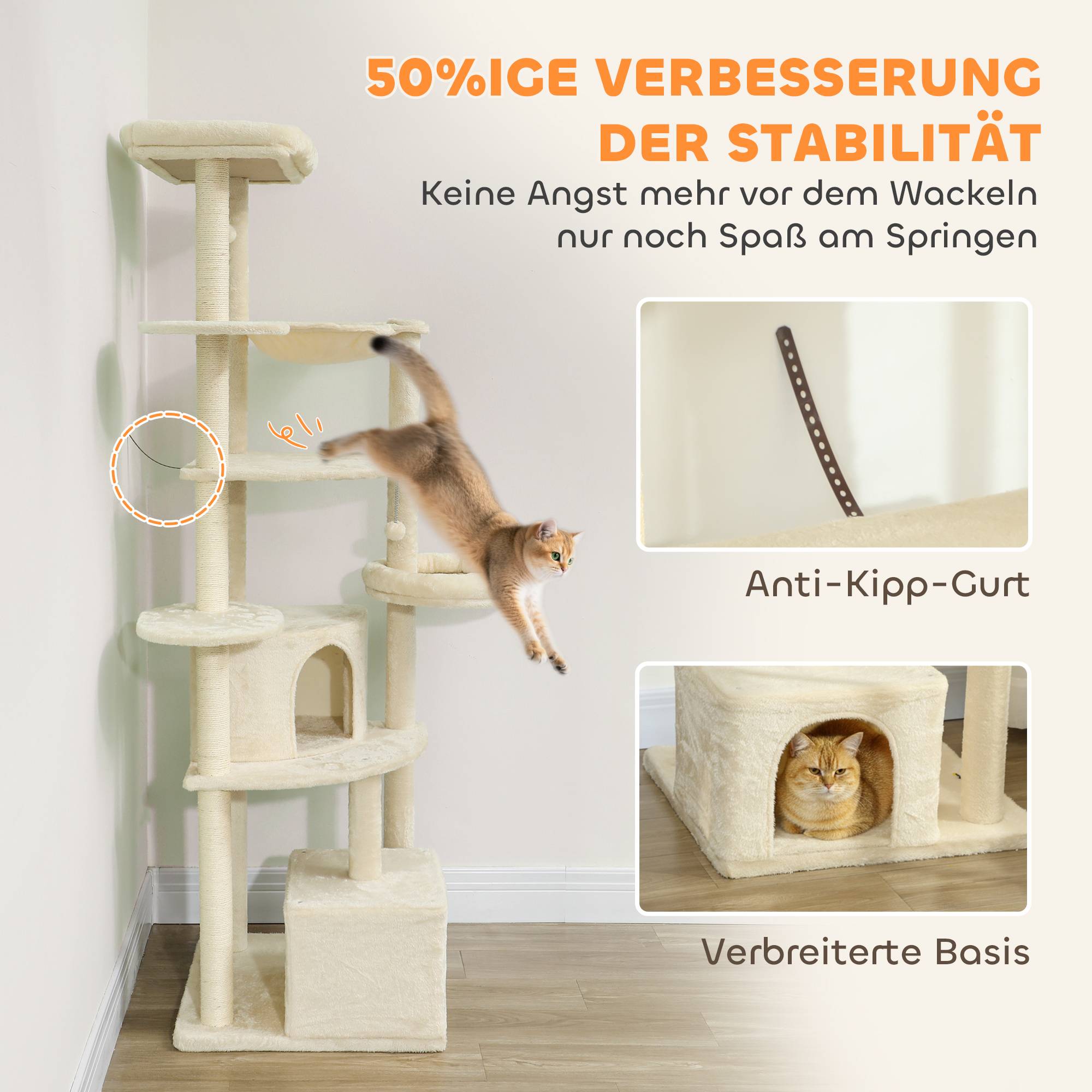 Arbre à chat bois peluche pour multi-chats tour géante avec hamac 200cm beige - ComfortXL Outdoor Living - Image 10