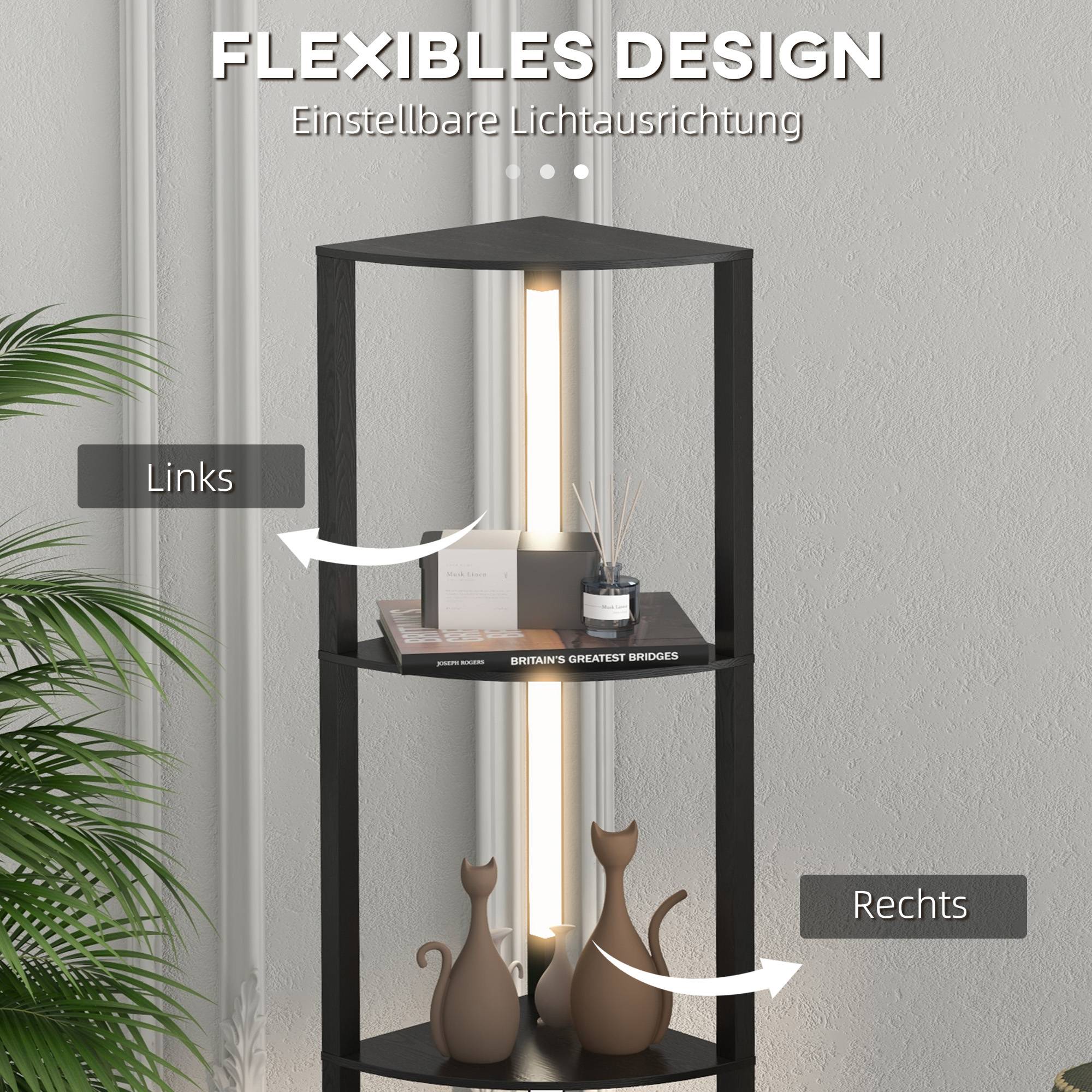 Lampadaire LED d'angle, étagère à intensité variable, 4 étagères, lumière blanc chaud, 41 x 30 x 164 cm, noir - Image 8