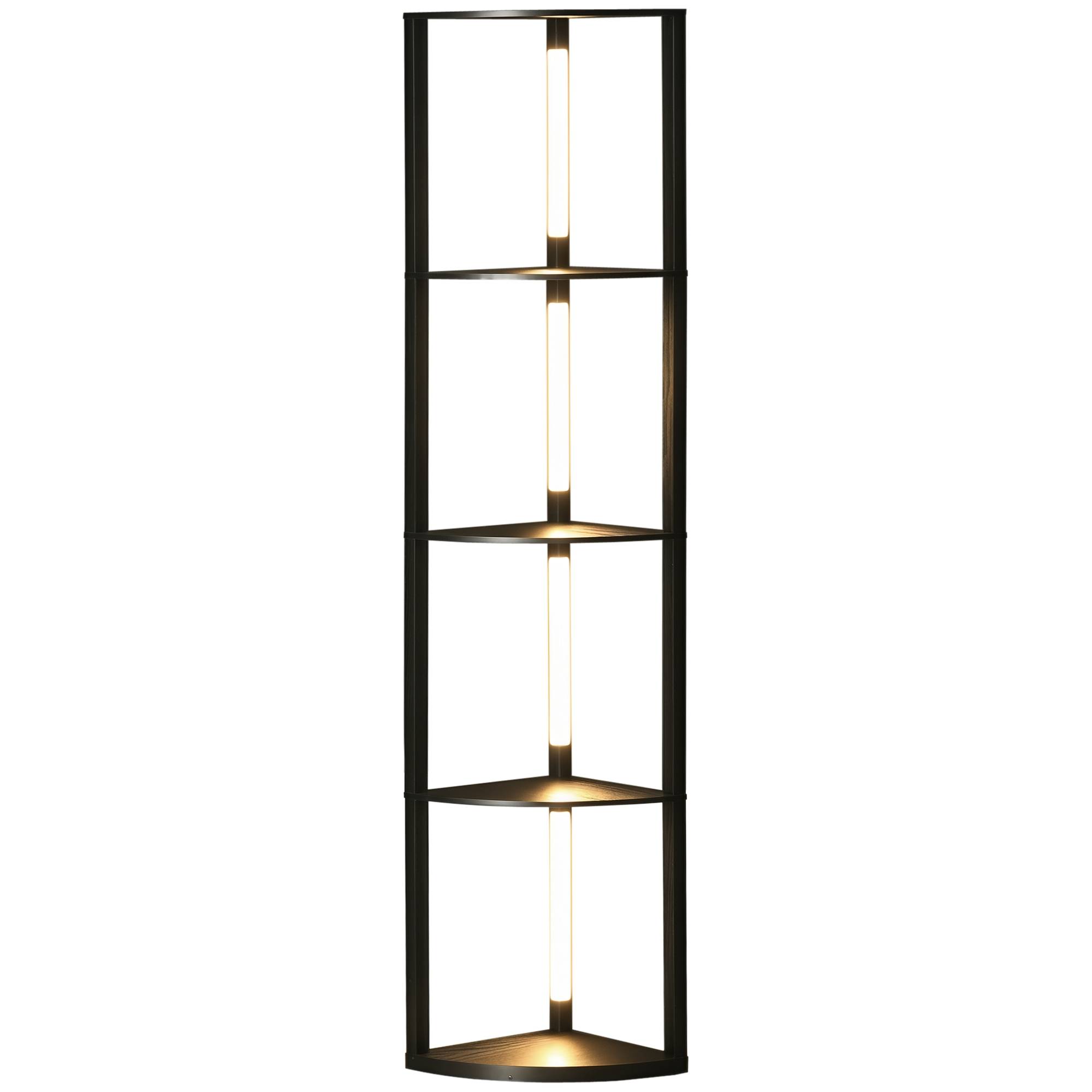Lampadaire LED d'angle, étagère à intensité variable, 4 étagères, lumière blanc chaud, 41 x 30 x 164 cm, noir - Image 1