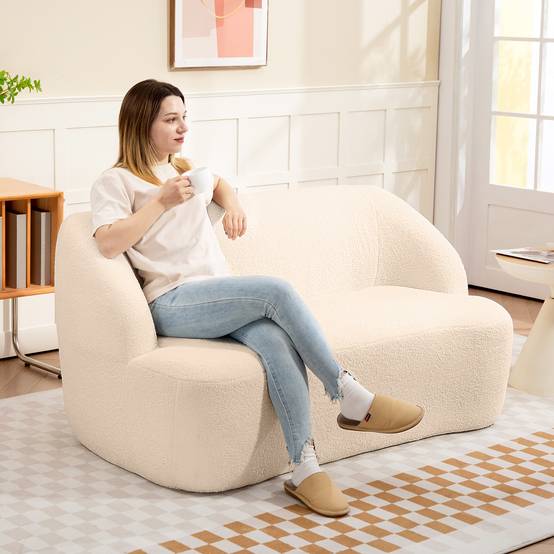 Canapé 2 places canapé en tissu bouclette 142 cm avec dossier et assise incurvés, aucun assemblage requis, beige - Image 3