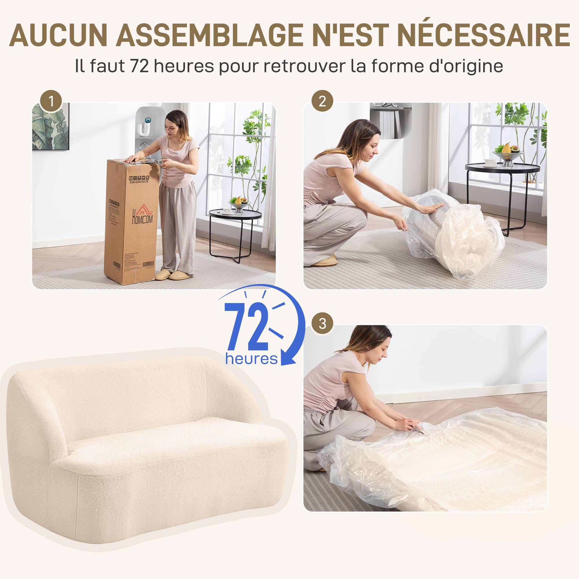 Canapé 2 places canapé en tissu bouclette 142 cm avec dossier et assise incurvés, aucun assemblage requis, beige - Image 9