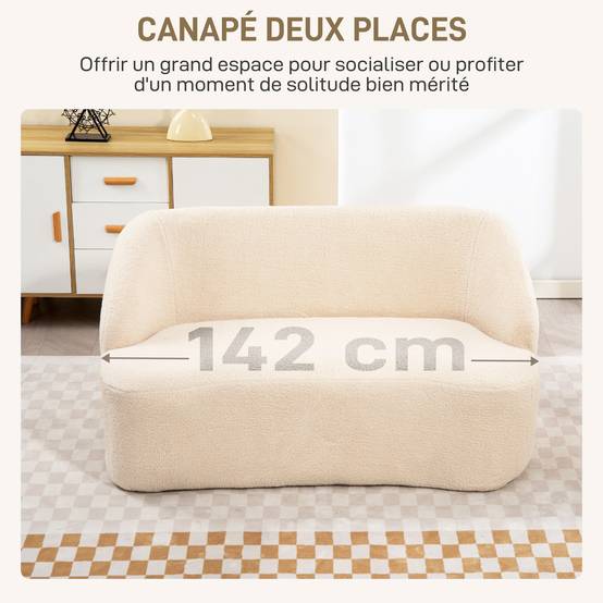 Canapé 2 places canapé en tissu bouclette 142 cm avec dossier et assise incurvés, aucun assemblage requis, beige - Image 6
