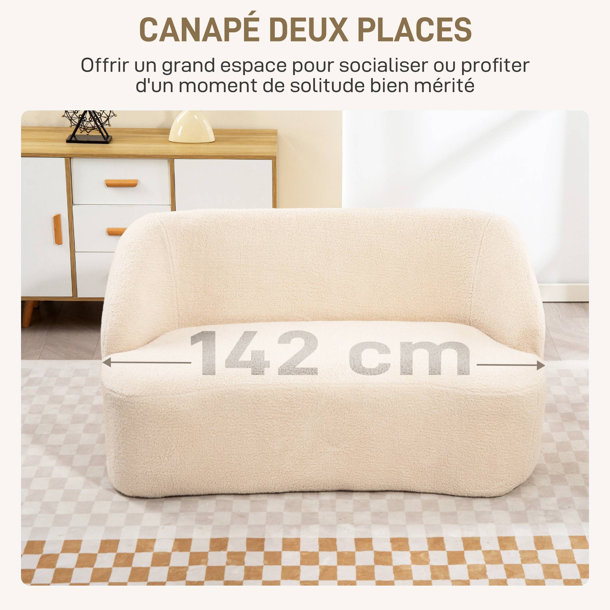 Canapé 2 places canapé en tissu bouclette 142 cm avec dossier et assise incurvés, aucun assemblage requis, beige - Image 6