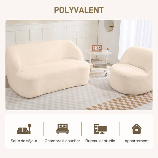 Canapé 2 places canapé en tissu bouclette 142 cm avec dossier et assise incurvés, aucun assemblage requis, beige - Image 8