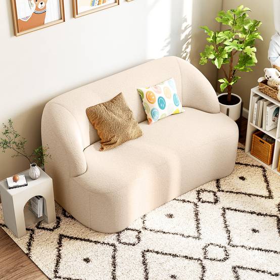 Canapé 2 places canapé en tissu bouclette 142 cm avec dossier et assise incurvés, aucun assemblage requis, beige - Image 10