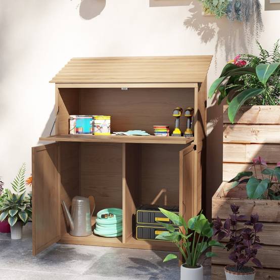 Armoire de Jardin Bois avec Table Pliante Rangement Outils Extérieur Toit Incliné 110x54x136cm - ComfortXL Outdoor Living - Image 6
