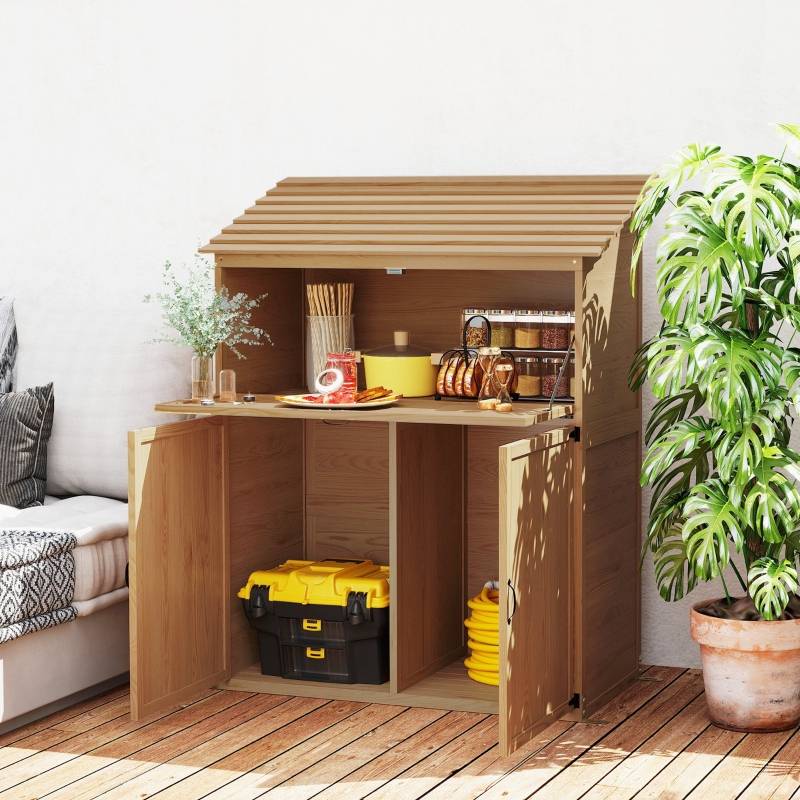 Armoire de Jardin Bois avec Table Pliante Rangement Outils Extérieur Toit Incliné 110x54x136cm - ComfortXL Outdoor Living - Image 1