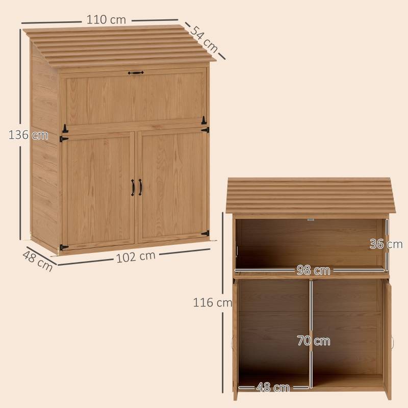 Armoire de Jardin Bois avec Table Pliante Rangement Outils Extérieur Toit Incliné 110x54x136cm - ComfortXL Outdoor Living - Image 3