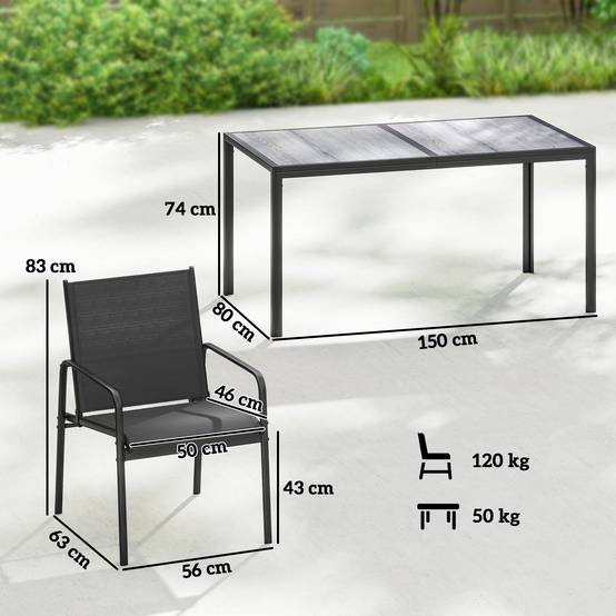 Salon de jardin acier et plastique noir 150 x 80 x 74 cm - PANGIVO - Image 5