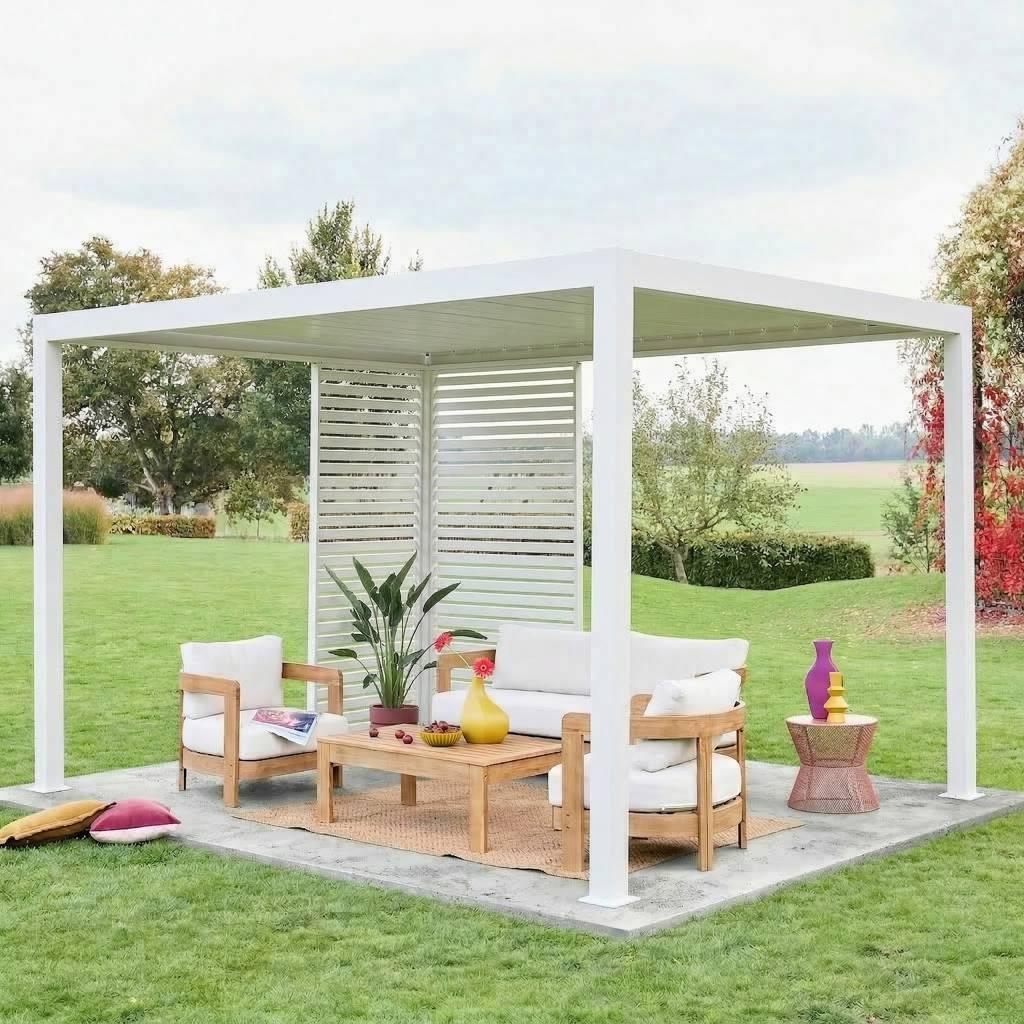 sweeek - Pergola bioclimatique aluminium 4x3m blanc + 1 persienne 100cm + 1 persienne 130cm Triomphe | sweeek