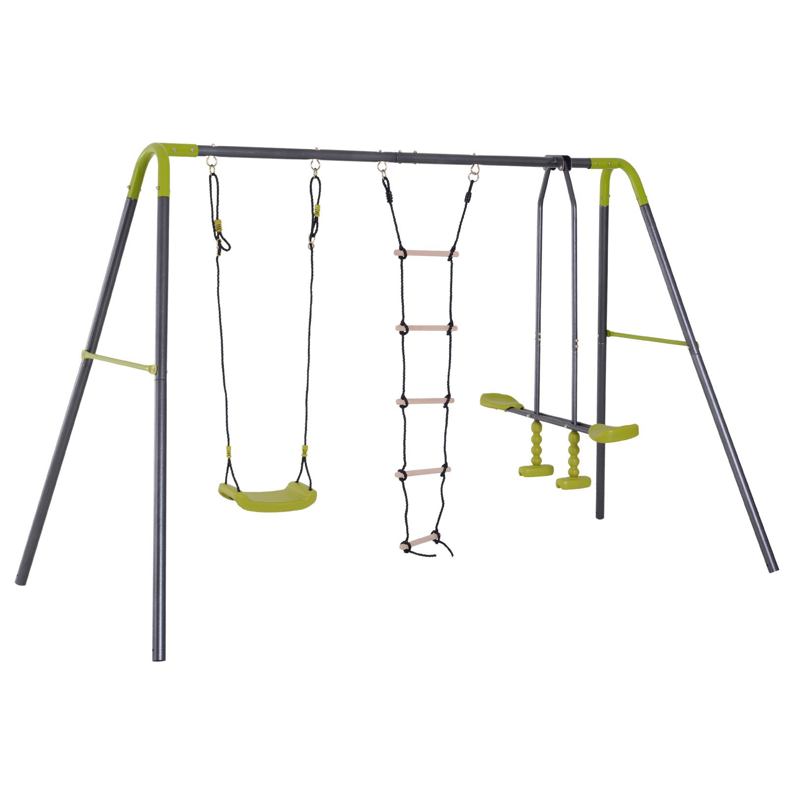 Homcom - Balançoire 3 agrès portique avec balançoire, échelle et face à face métal époxy anticorrosion PE gris anthracite vert pomme - HOMCOM - Image 1