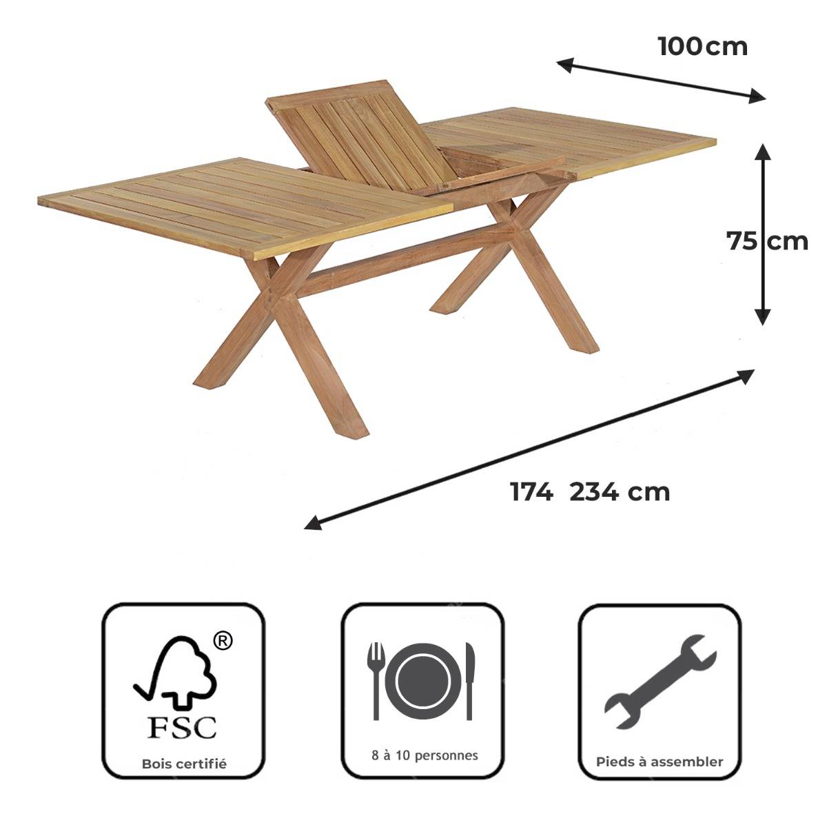 Table extensible rectangulaire teck massif Linarte 174/234 x100 cm - TECK'Attitude - Image 9