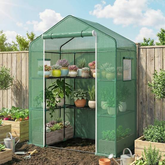 Sans Marque - Serre jardin 1 porte 2 fenêtres 2 étagères U légumes plantes fleurs PE 140x73x190 cm - Image 3