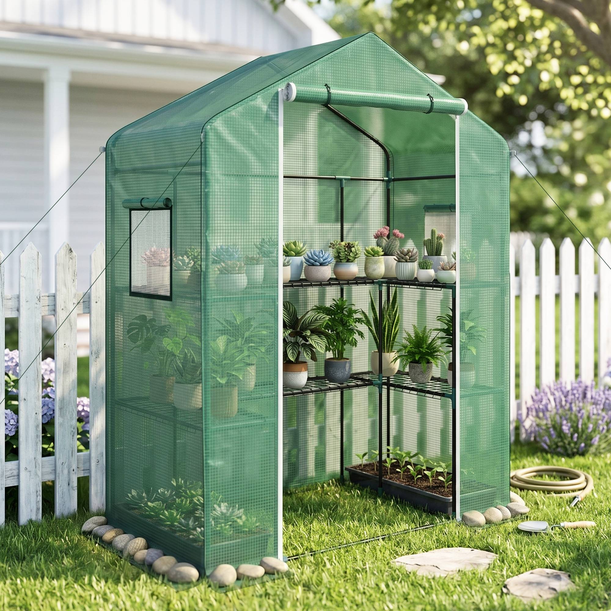 Sans Marque - Serre jardin 1 porte 2 fenêtres 2 étagères U légumes plantes fleurs PE 140x73x190 cm - Image 4