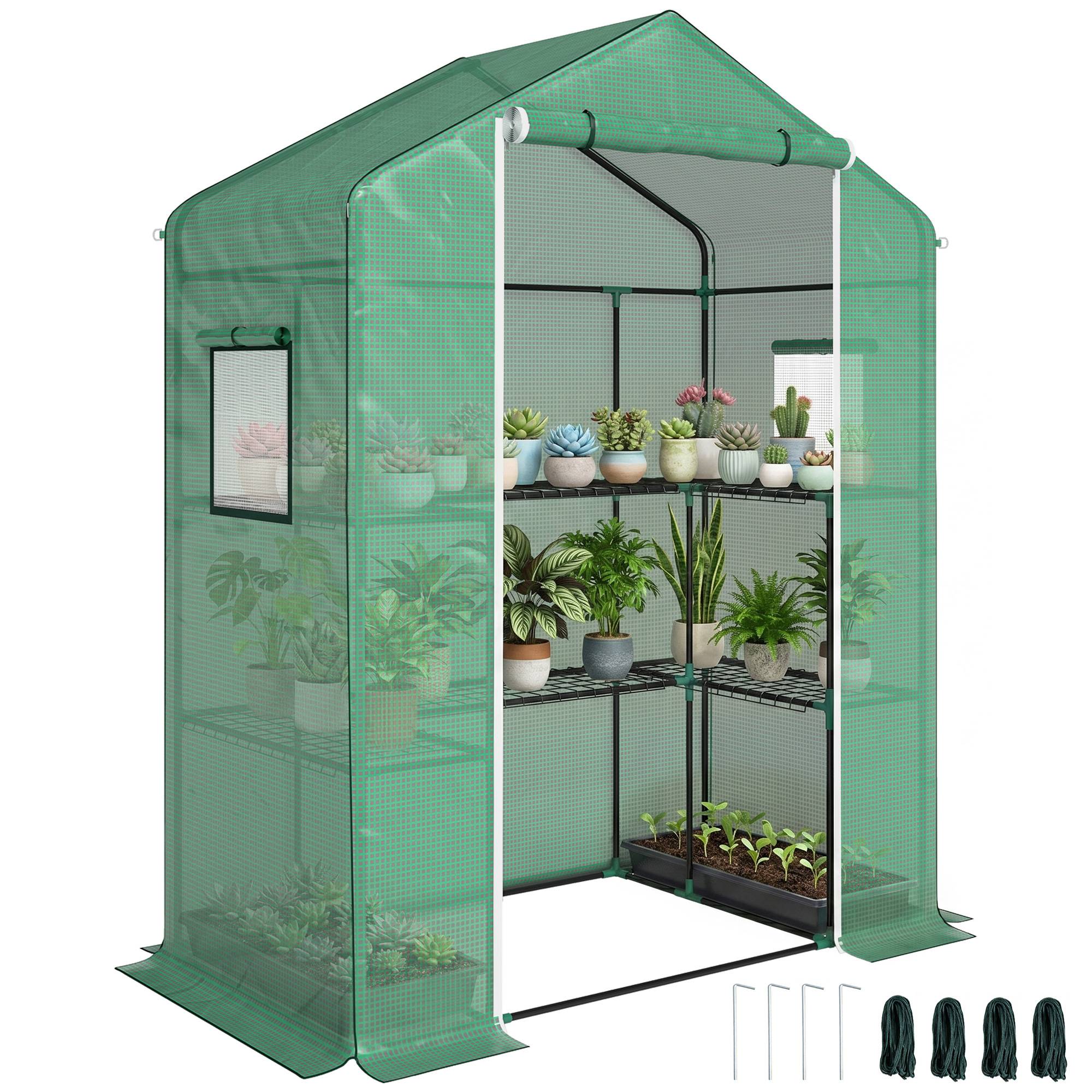 Sans Marque - Serre jardin 1 porte 2 fenêtres 2 étagères U légumes plantes fleurs PE 140x73x190 cm - Image 1