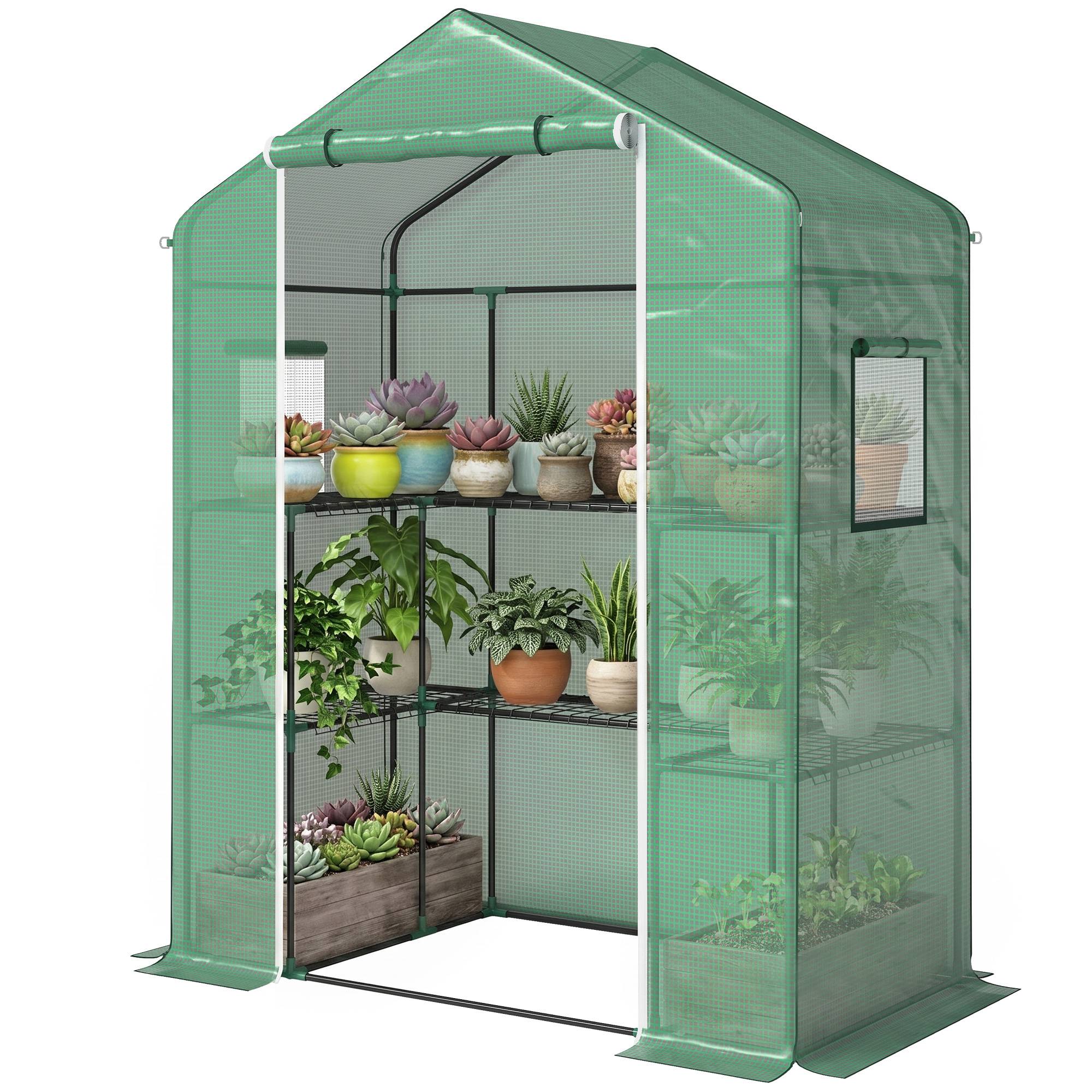 Sans Marque - Serre jardin 1 porte 2 fenêtres 2 étagères U légumes plantes fleurs PE 140x73x190 cm - Image 2