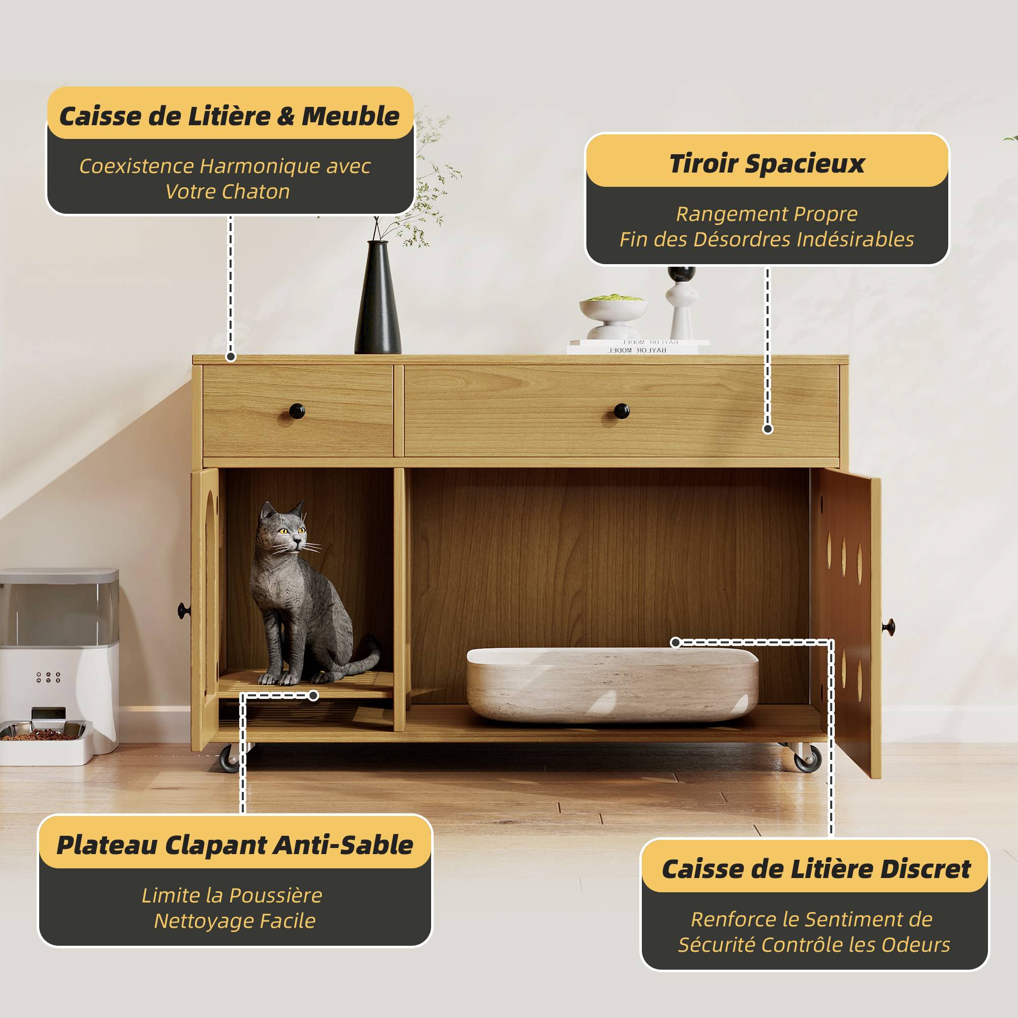ComfortXL - Meuble Litière Chat Bois MDF Cache Maison Toilette Rangement Roulettes 100cm Naturel - ComfortXL Pet Living - Image 5