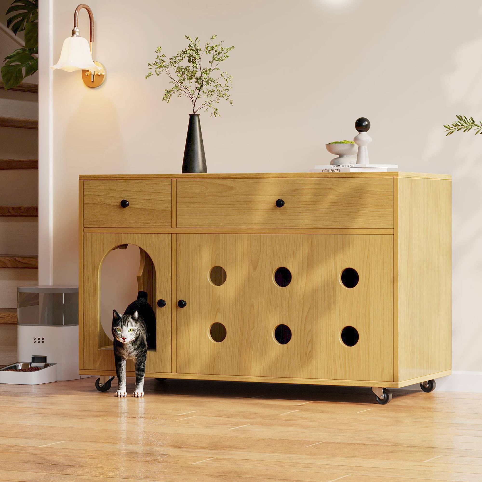 ComfortXL - Meuble Litière Chat Bois MDF Cache Maison Toilette Rangement Roulettes 100cm Naturel - ComfortXL Pet Living - Image 7