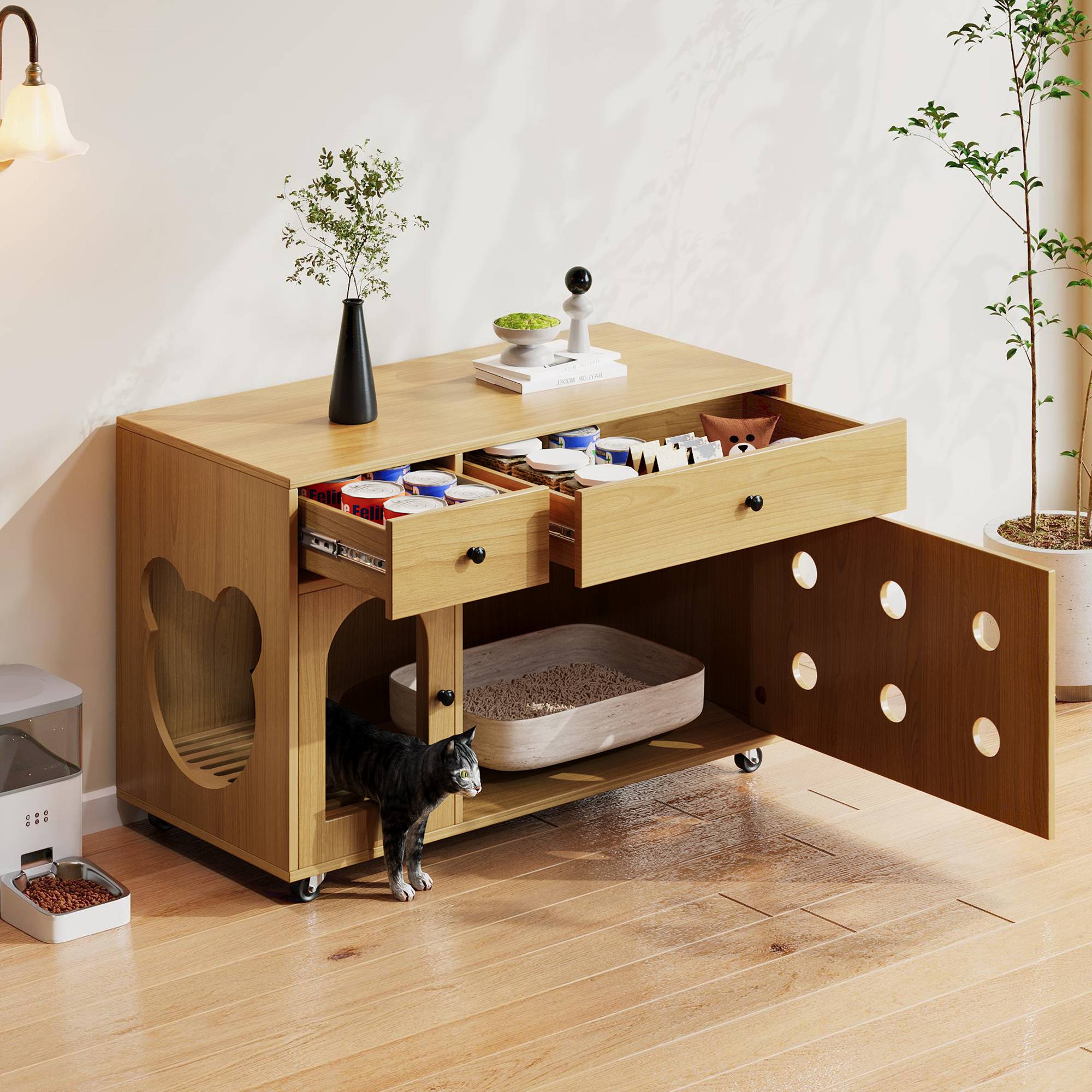 ComfortXL - Meuble Litière Chat Bois MDF Cache Maison Toilette Rangement Roulettes 100cm Naturel - ComfortXL Pet Living - Image 1
