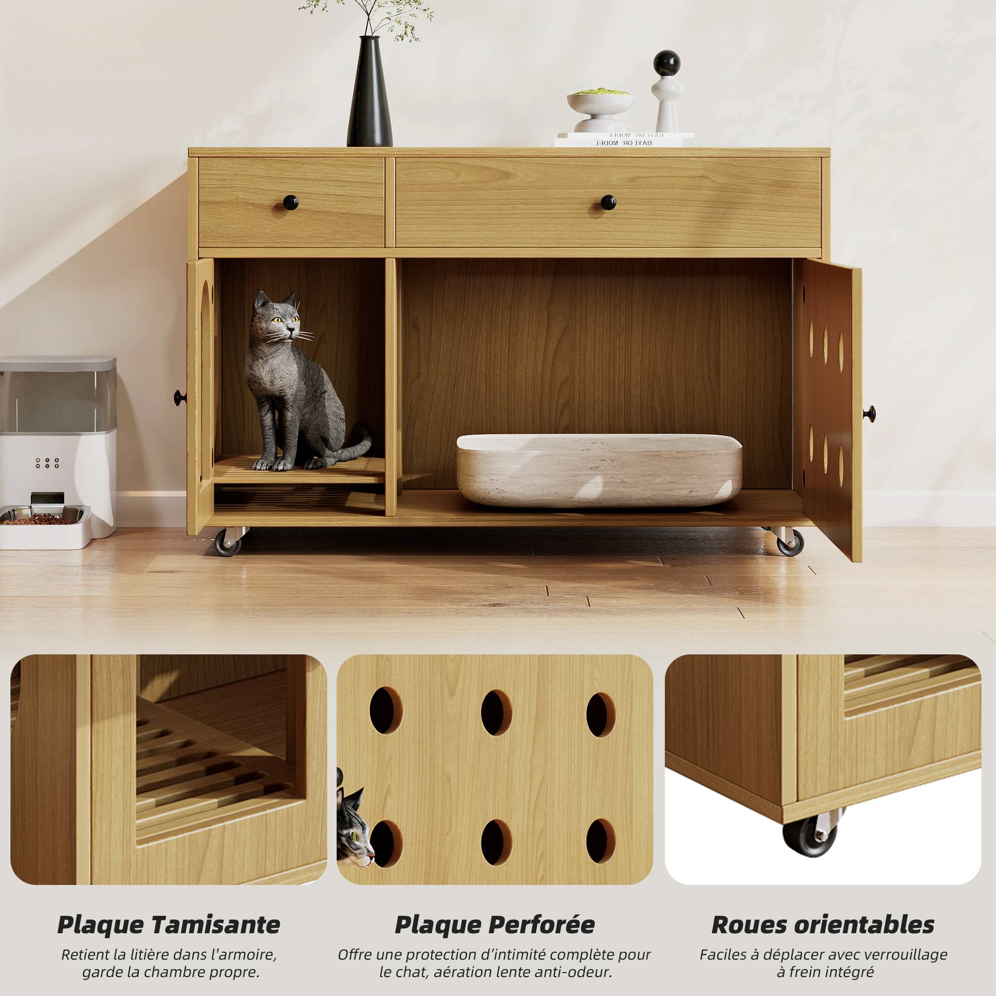 ComfortXL - Meuble Litière Chat Bois MDF Cache Maison Toilette Rangement Roulettes 100cm Naturel - ComfortXL Pet Living - Image 4