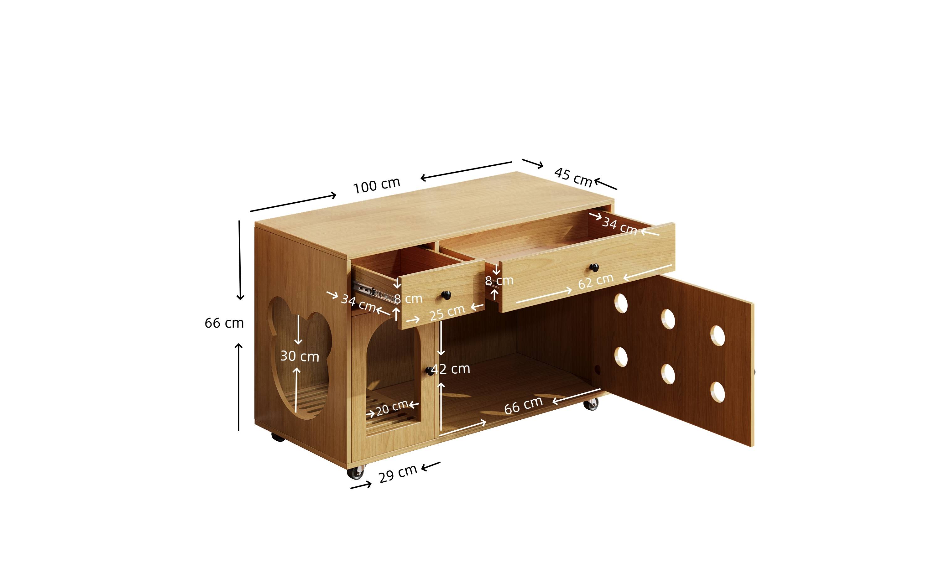 ComfortXL - Meuble Litière Chat Bois MDF Cache Maison Toilette Rangement Roulettes 100cm Naturel - ComfortXL Pet Living - Image 3