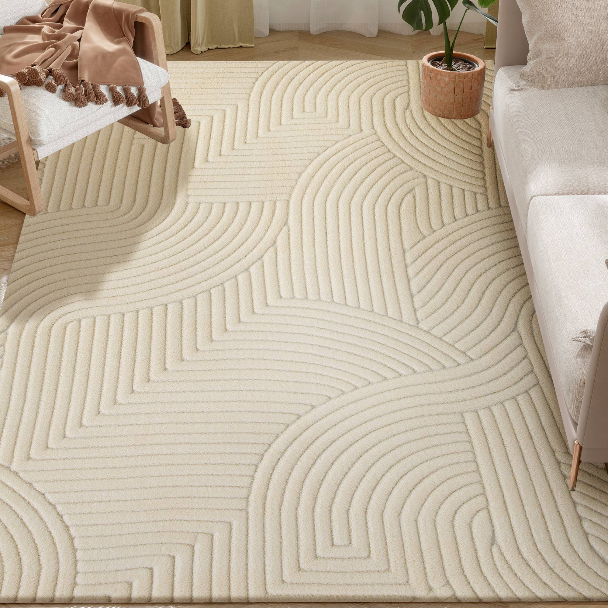 Sans Marque - Tapis salon 160x120 cm poils courts style moderne envers antidérapant tissé machine crème - Image 1