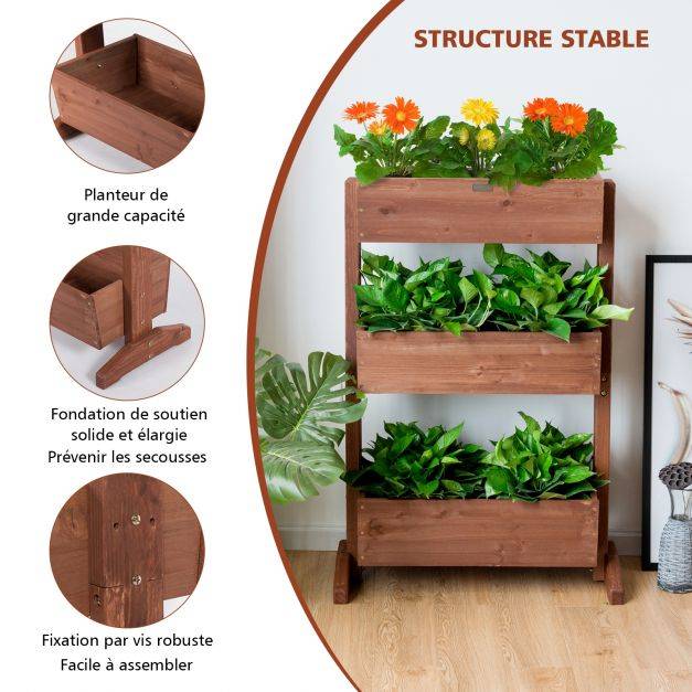 Helloshop26 - Étagères à plantes en bois à 3 niveau amovibles hauteur et inclinaison ajustable multifonctions intérieur/extérieur 105 cm brun - Image 3