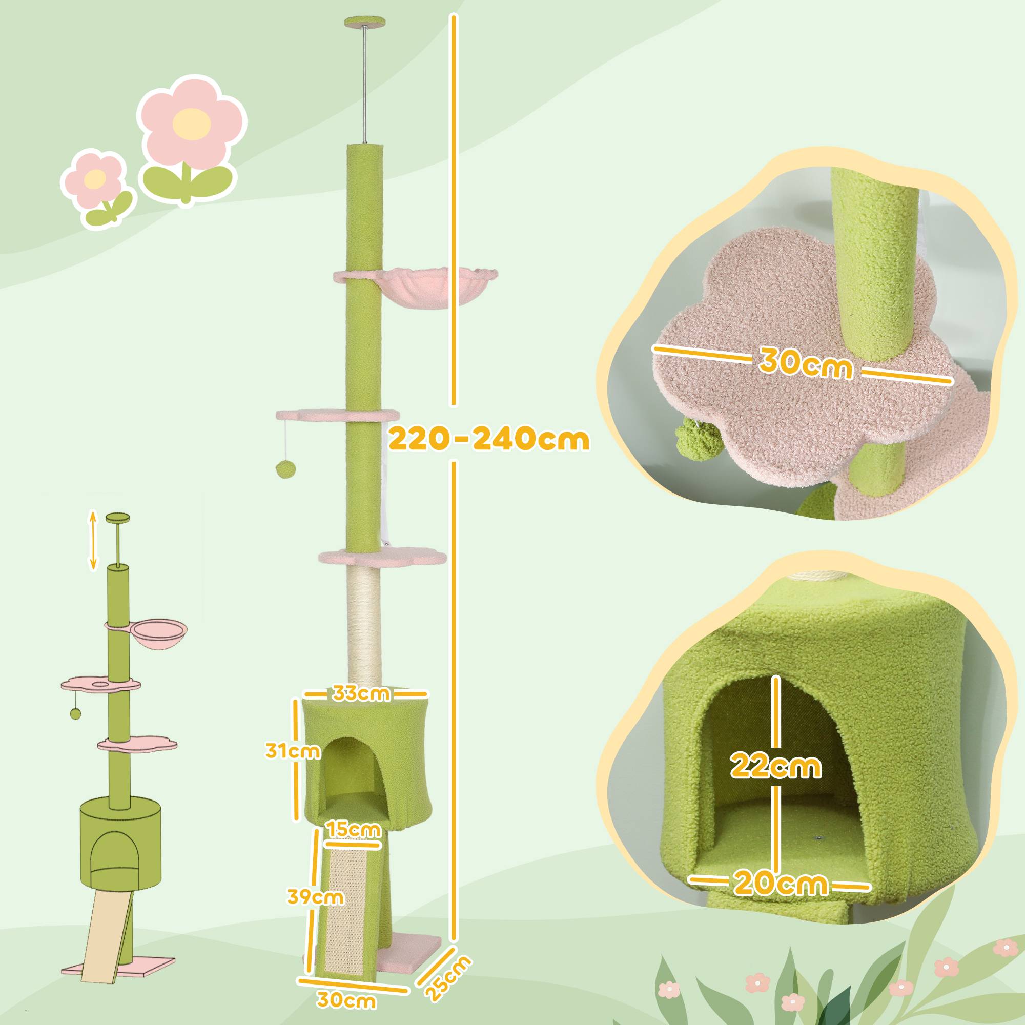 Sans Marque - Arbre à chat du sol au plafond 5 niveaux hauteur réglable 220-240 cm plateformes fleur avec griffoir niche hamac vert - Image 4