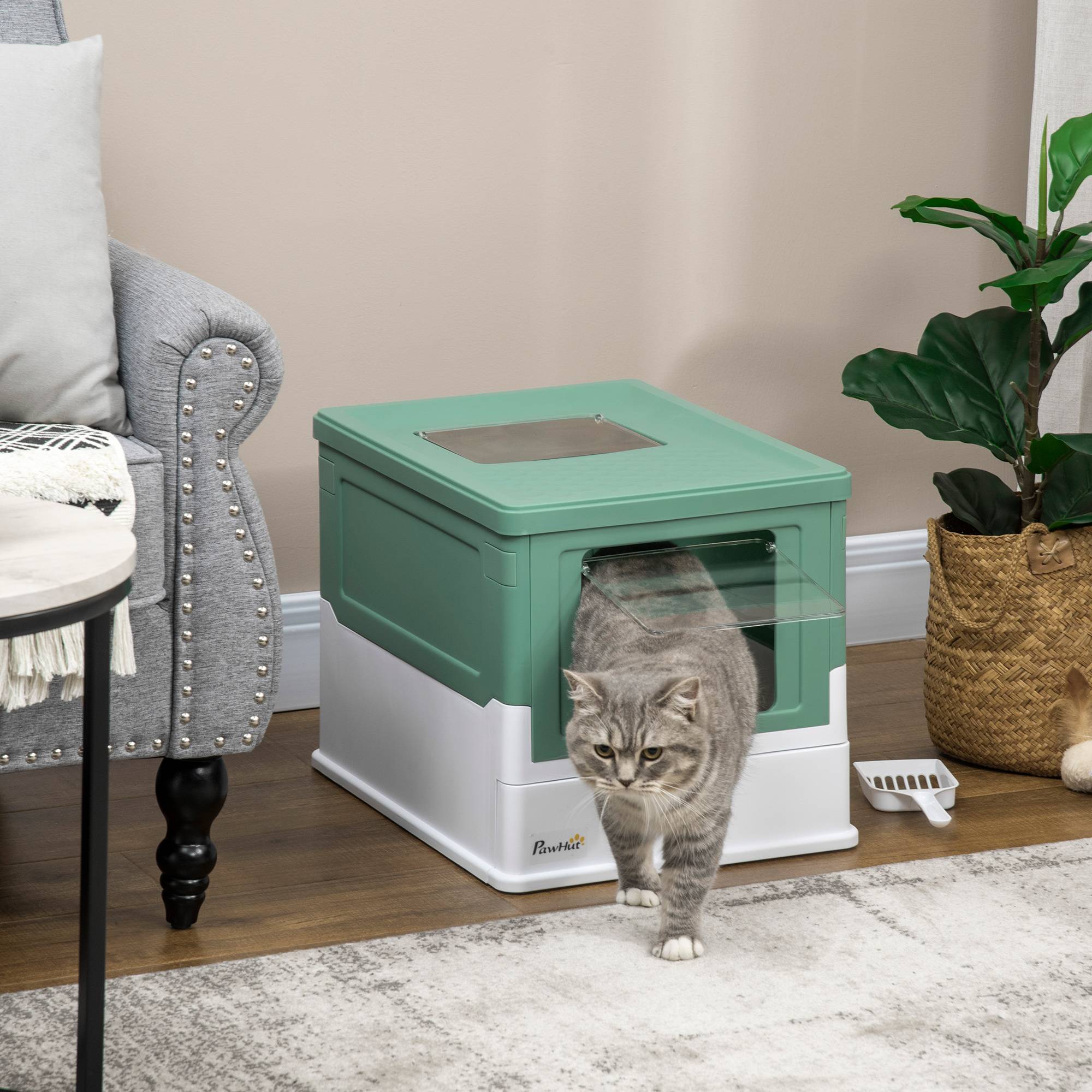 Sans Marque - Bac à litière fermé pour chat avec pelle, plateau amovible et 2 portes, 47,5 x 35,5 x 36,7 cm, vert - Image 3
