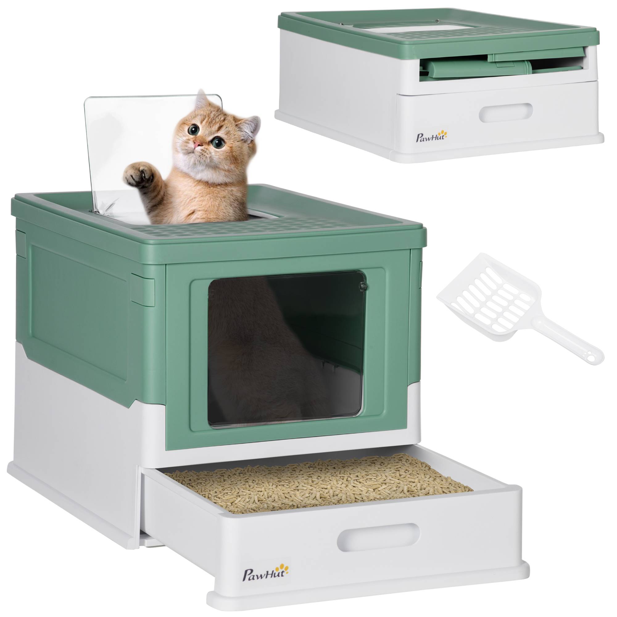 Sans Marque - Bac à litière fermé pour chat avec pelle, plateau amovible et 2 portes, 47,5 x 35,5 x 36,7 cm, vert - Image 1