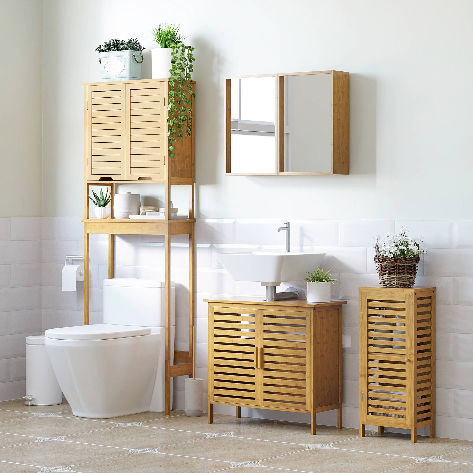 Sans Marque - Armoire de salle de bain en bambou 1 étagère réglable design naturel 30 x 19,9 x 70 cm naturel - Image 3