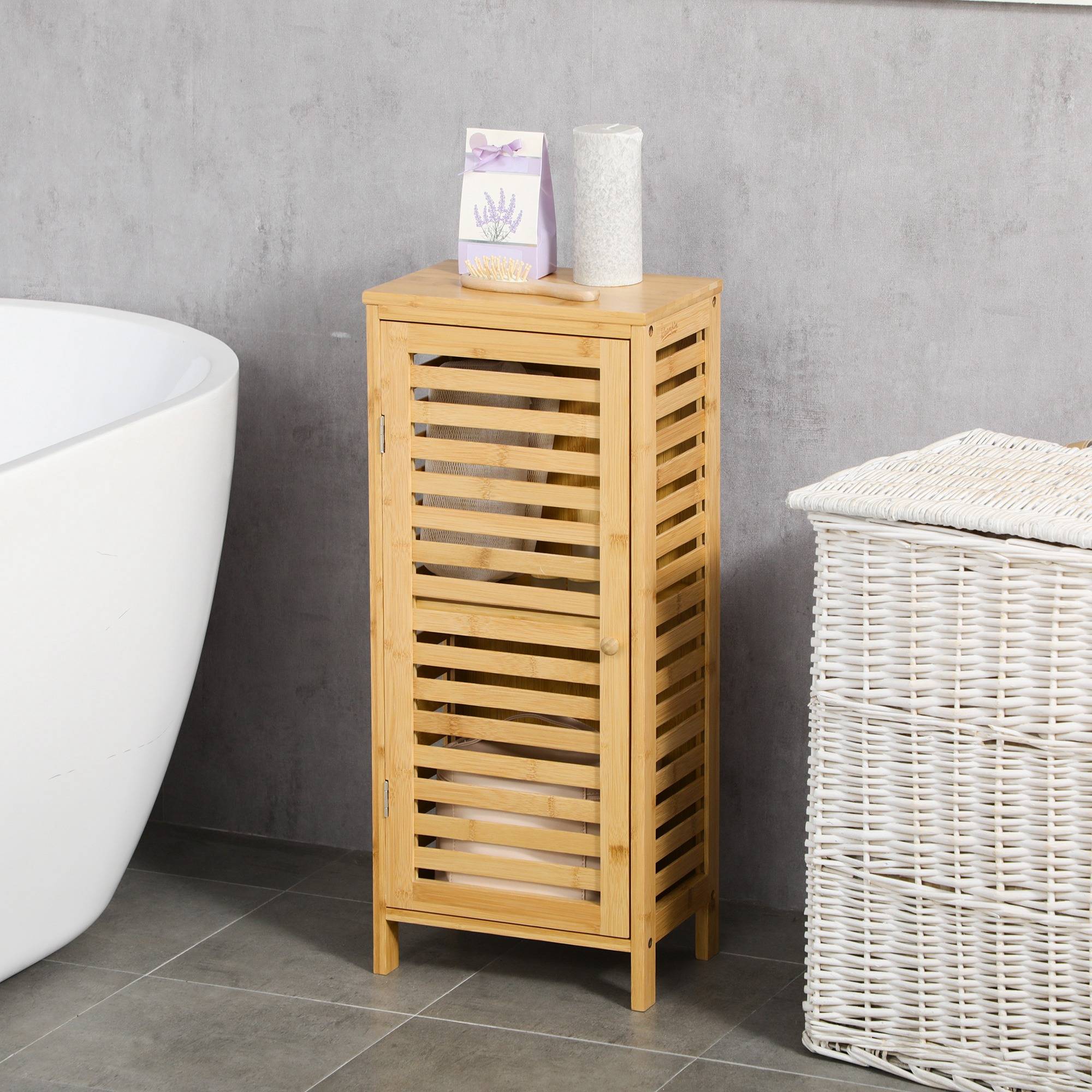 Sans Marque - Armoire de salle de bain en bambou 1 étagère réglable design naturel 30 x 19,9 x 70 cm naturel - Image 4