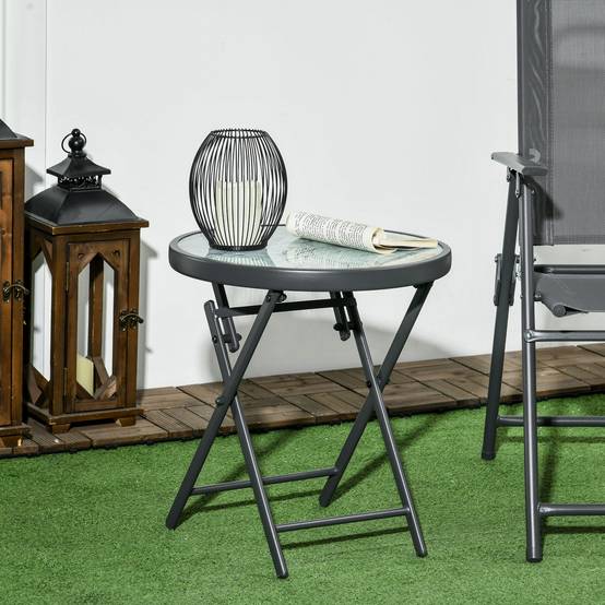 Sans Marque - Table basse pliante appoint effet marbre verre trempé métal ronde Ø45x50 cm blanc - Image 3