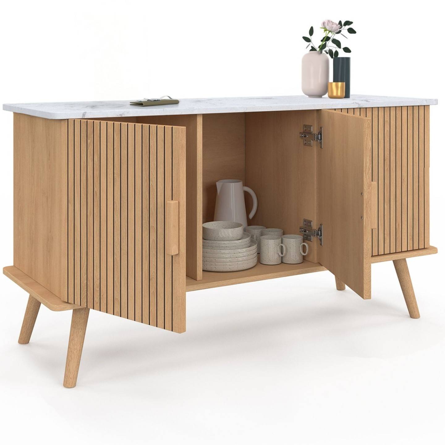 Buffet 110 cm JULIETTE plateau effet marbre 3 portes lattes tasseau bois coloris chêne - Image 4