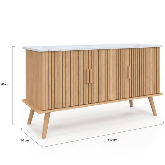 Buffet 110 cm JULIETTE plateau effet marbre 3 portes lattes tasseau bois coloris chêne - Image 5