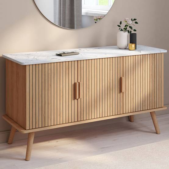 Buffet 110 cm JULIETTE plateau effet marbre 3 portes lattes tasseau bois coloris chêne - Image 1