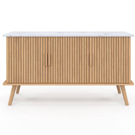 Buffet 110 cm JULIETTE plateau effet marbre 3 portes lattes tasseau bois coloris chêne - Image 3
