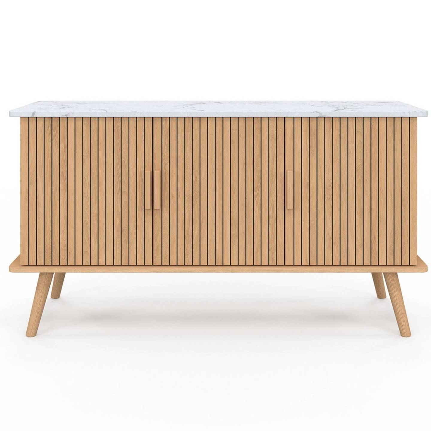 Buffet 110 cm JULIETTE plateau effet marbre 3 portes lattes tasseau bois coloris chêne - Image 3