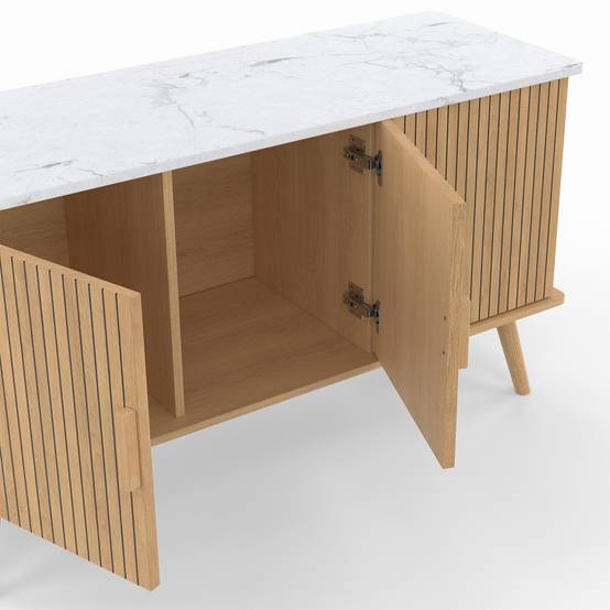 Buffet 110 cm JULIETTE plateau effet marbre 3 portes lattes tasseau bois coloris chêne - Image 6