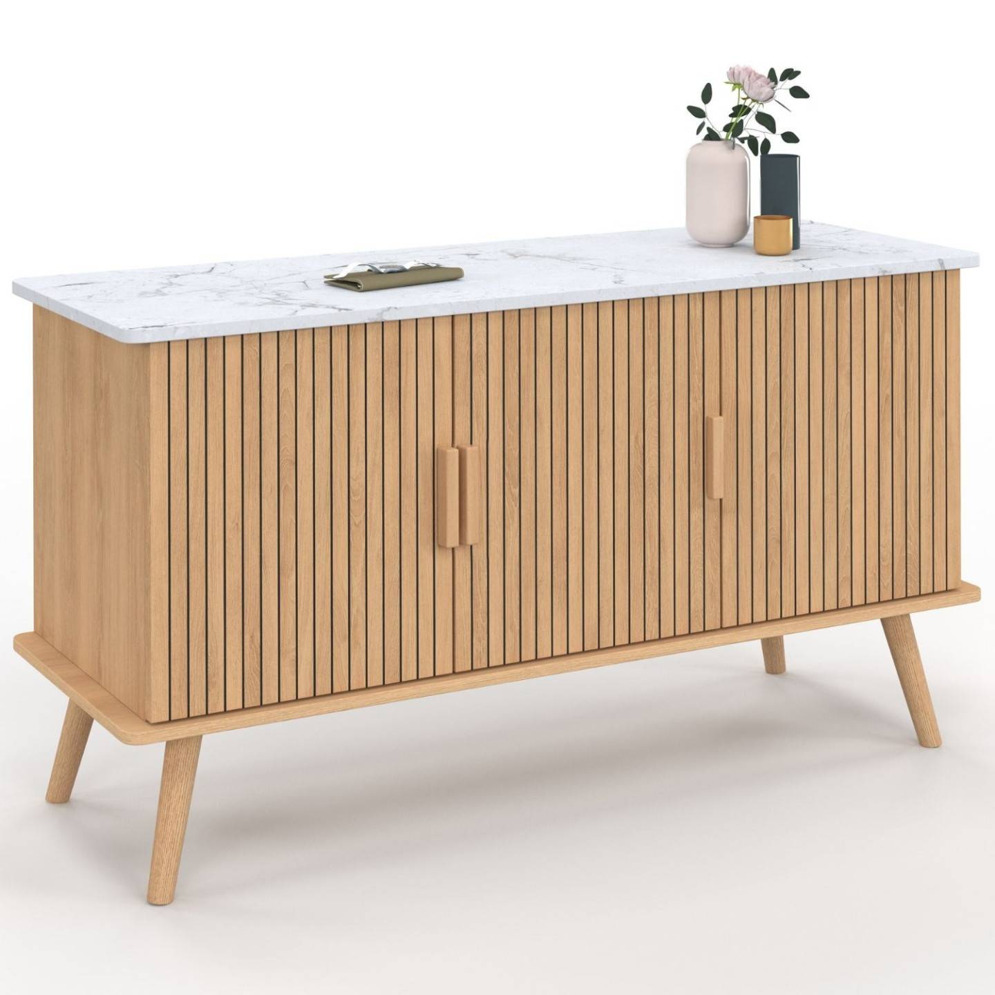 Buffet 110 cm JULIETTE plateau effet marbre 3 portes lattes tasseau bois coloris chêne - Image 2