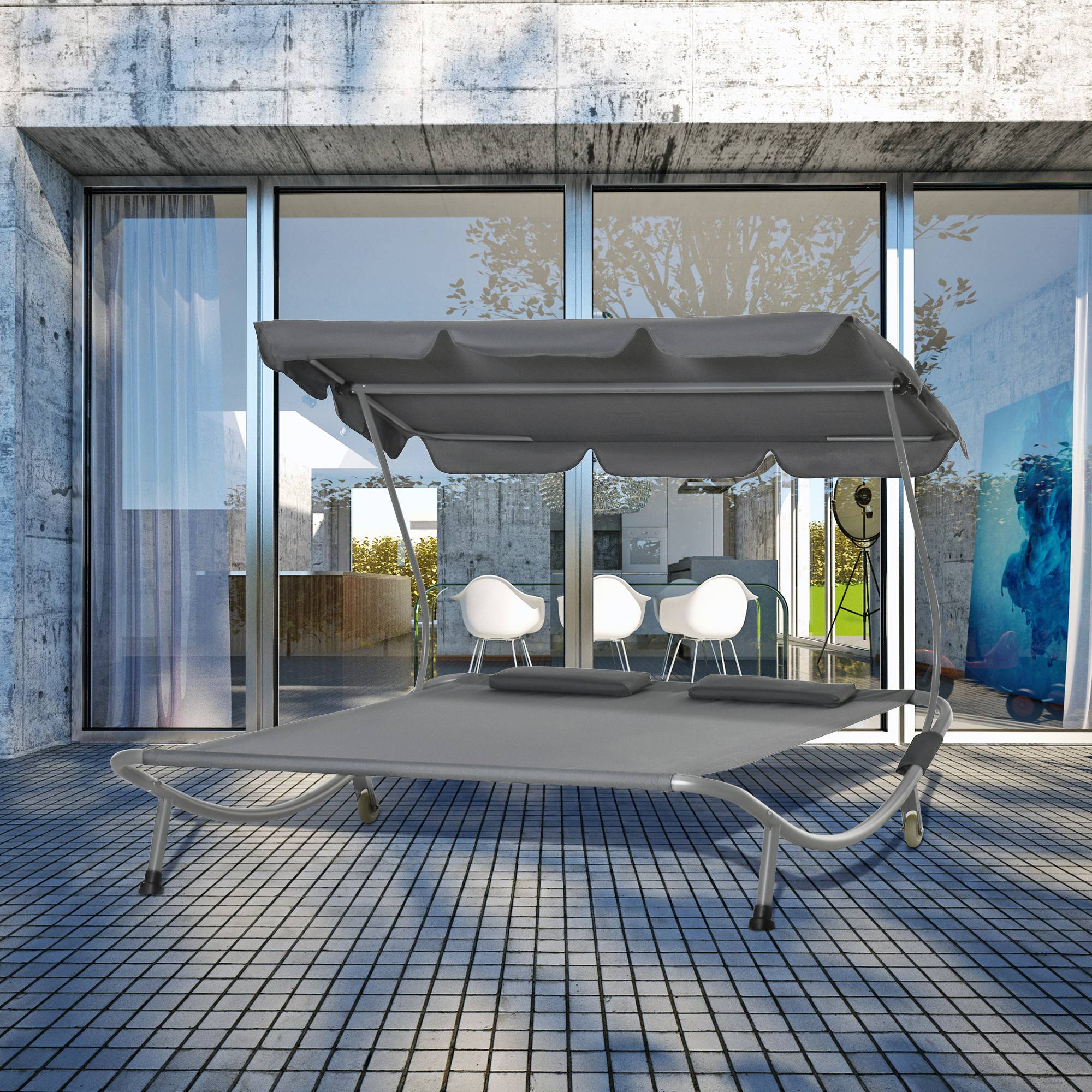 Bain de Soleil 2 Places Transat Contemporain Toit réglabl - 200x175x134cm Métal Gris fr101 - Image 3