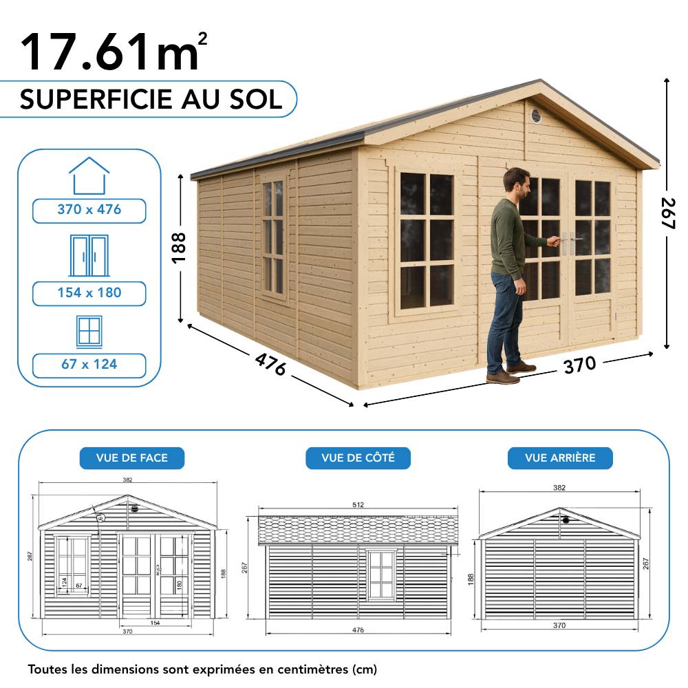 Timbela - Abri de jardin en bois - 17,61 m² - 512x382xH267 cm - sans plancher avec bardeaux bitumineux couleur gris - 17 mm d’épaisseur - Timbela M736A - Image 6