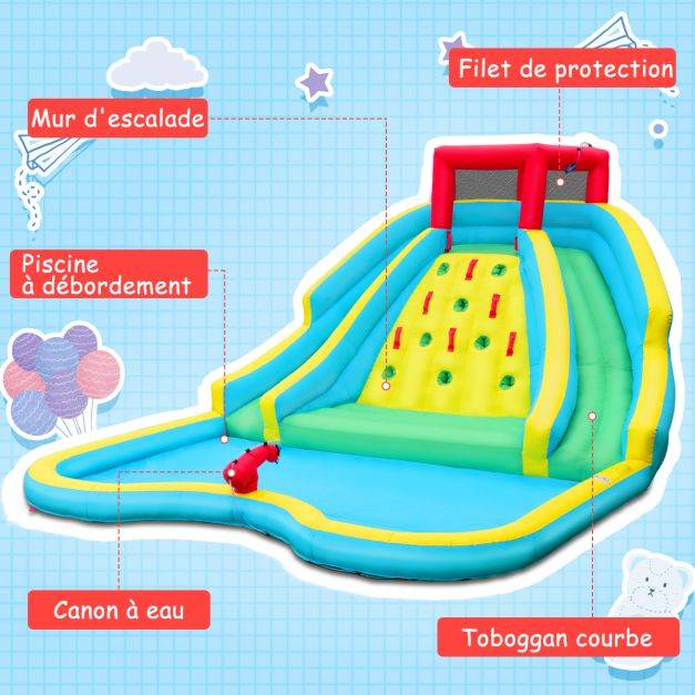 Helloshop26 - Toboggan aquatique gonflable 5 en 1 avec pataugeoire aire de jeux gonflable en oxford avec mur d'escalade charge 150 kg pour 3-10 ans - Image 8