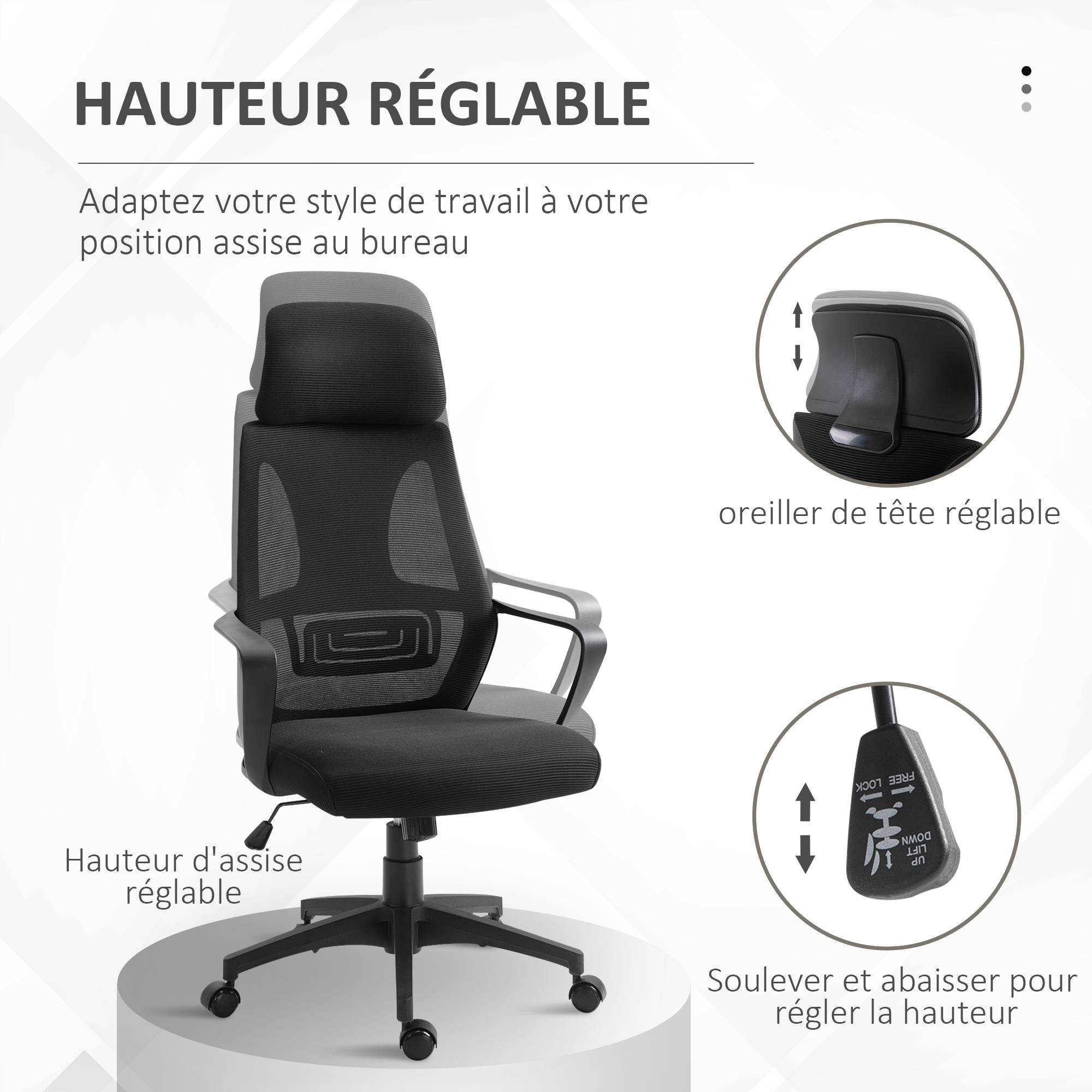 Sans Marque - Chaise bureau ergonomique, fauteuil de bureau en maille, appui-tête, hauteur réglable, 64 x 55 x 116-126 cm, noir - Image 7