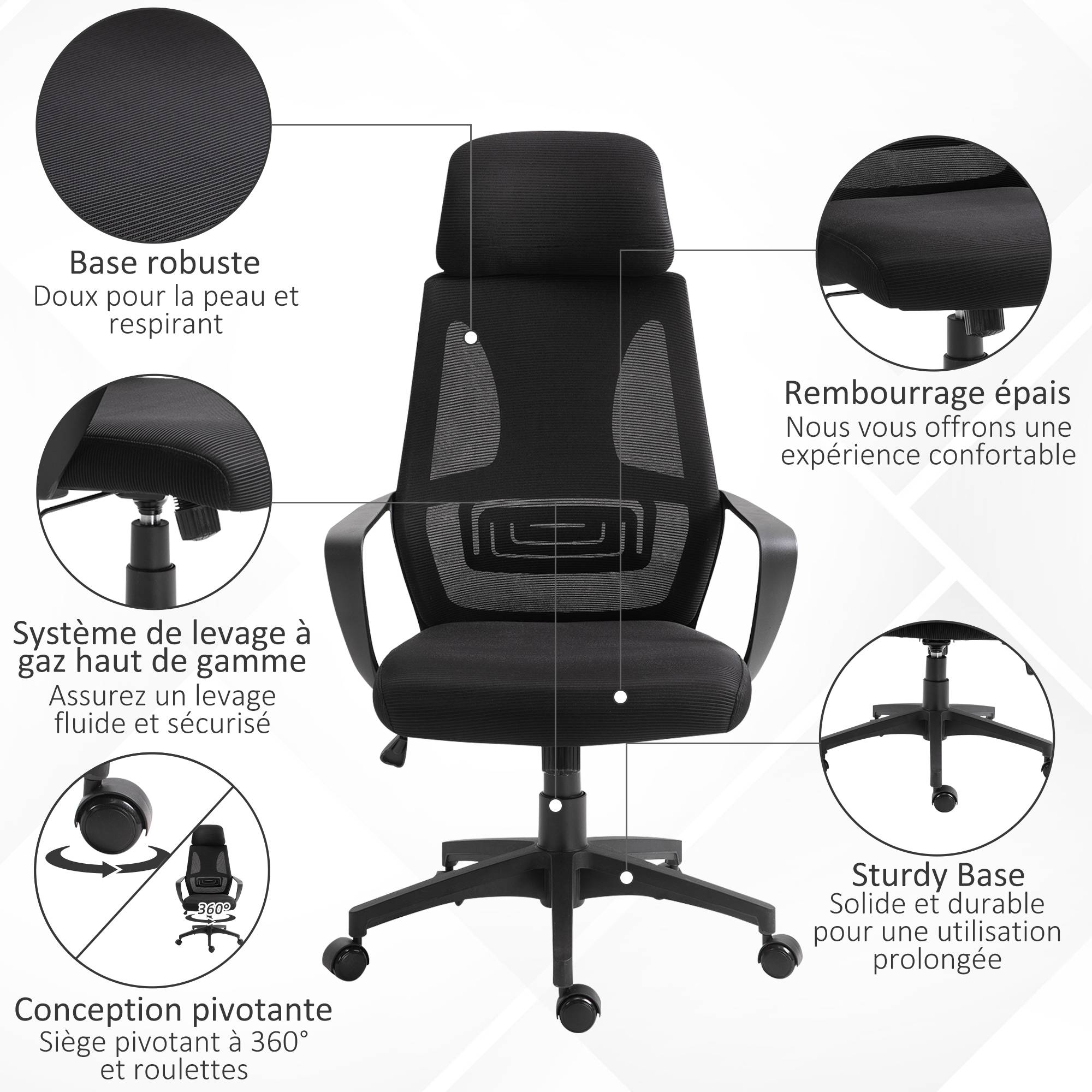 Sans Marque - Chaise bureau ergonomique, fauteuil de bureau en maille, appui-tête, hauteur réglable, 64 x 55 x 116-126 cm, noir - Image 10